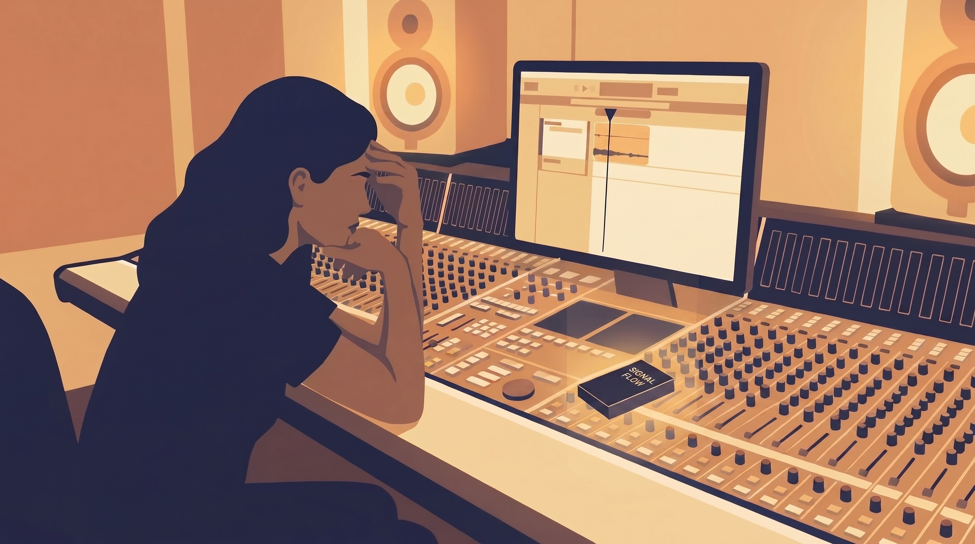 The loop still playing, the session paused — the deck within reach on the desk