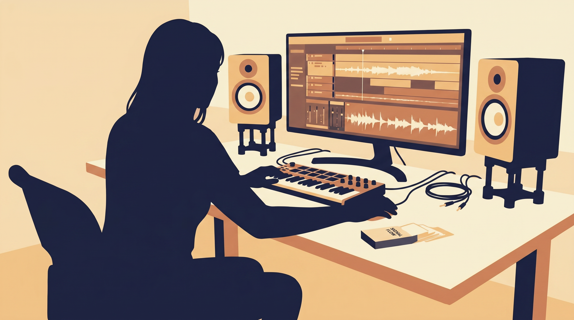 A hand drawing a card mid-session — Ableton open, deck on the desk