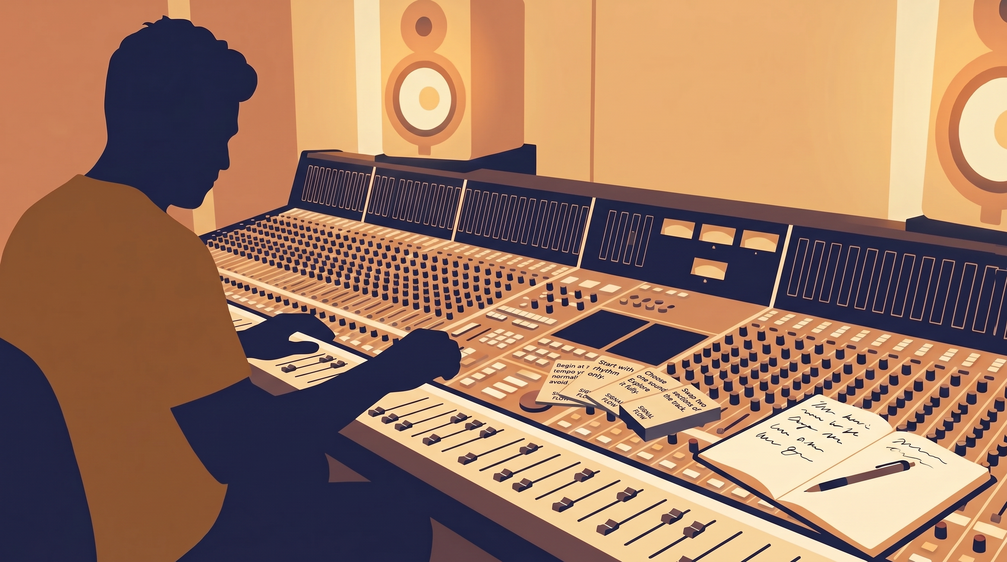 The deck on a studio console — cards spread beside notebooks